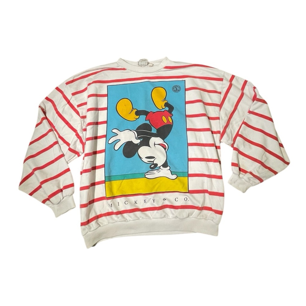 Vintage Walt Disney Mickey Red & White Stripes Graphic Sweater Sweatshirt Large